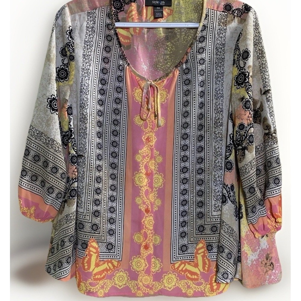 Boho Sheer‎ Pastel Style & Co Womens 3/4 Sleeve Blouse Polyester M Petite Pink
